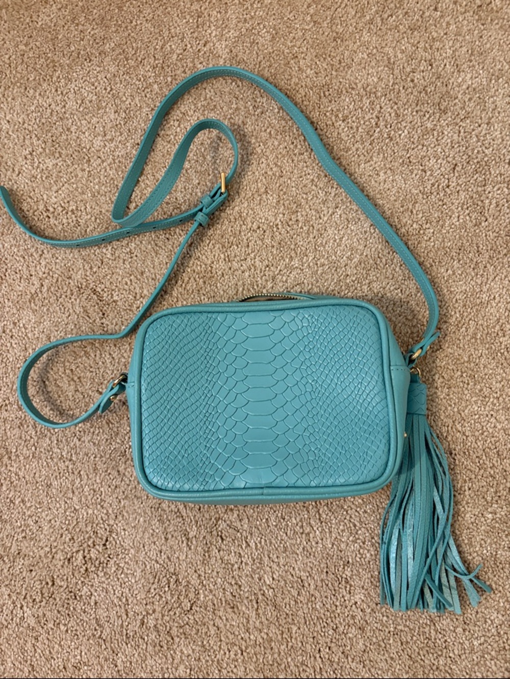 Textured Turquoise Crossbody Bag with Tassel Accent - Picture 1 of 7